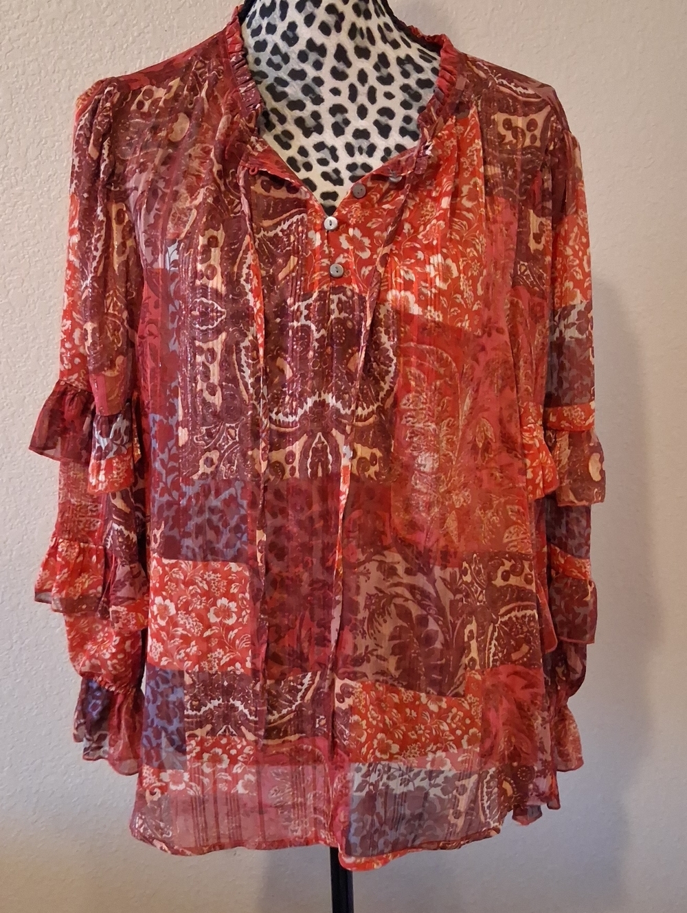 NWT Frye and CO. Red Floral Patchwork Print Ruffle Sleeve Sheer Blouse XL